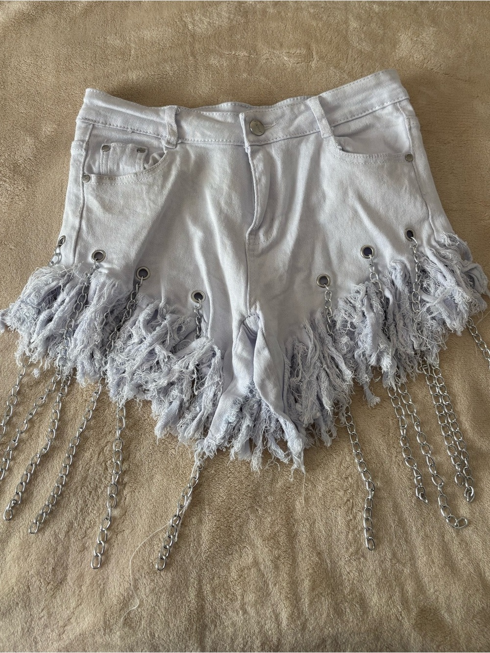 Women’s Frayed Chain-Trim High-Rise Shorts - Light Blue